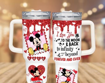 Gobelet Mickey personnalisé Saint-Valentin, Gobelet Saint-Valentin Disneyland, Je t'aime jusqu'à la lune et le dos, gobelet lune de miel, verre M. et Mme