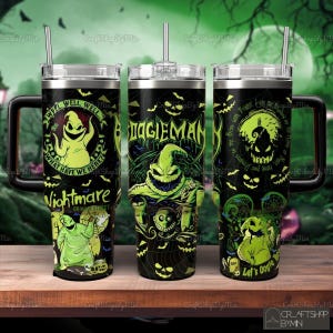 May include: Three stainless steel tumblers with different designs featuring characters from the movie Nightmare Before Christmas. The first tumbler has a green Oogie Boogie character with the text "Well, well, well... what have we here? Nightmare on Main Street". The second tumbler has a green Oogie Boogie character with the text "Boogieman". The third tumbler has a green Oogie Boogie character with the text "Brim with Fright! I'm the Master of the Night! Dreams are for the Weak! Let's Oogie Boogie".