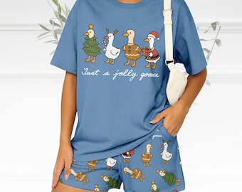 Just A Jolly Goose Tshirt And Shorts, Silly Goose Pajamas For Women, Funny Goose Christmas Pajamas, Animal Lover Shirt And Shorts