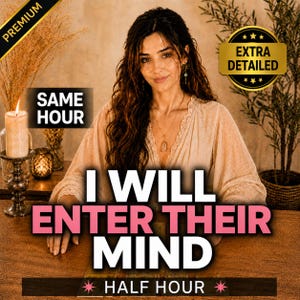 May include: A person with long wavy brown hair wearing a beige long-sleeved top with lace trim. Text overlays include PREMIUM, EXTRA DETAILED, SAME HOUR, I WILL ENTER THEIR MIND, and HALF HOUR. A lit candle in a metal holder sits on the left side.