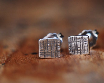 Tiny silver hammered square stud earrings