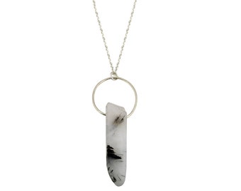 Tourmalinated Quartz crystal bar sterling silver necklace