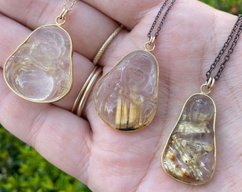 Happy Buddha rutilated quartz crystal necklace - gold filled - Aislinn collection