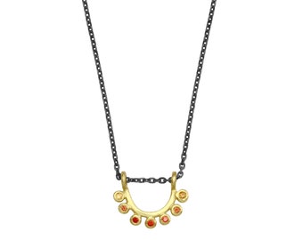 14K gold, sapphire and blackened silver dainty sunrise necklace