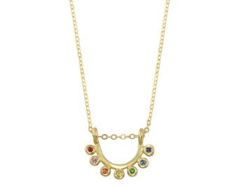 14K gold and rainbow sapphire dainty sunrise necklace