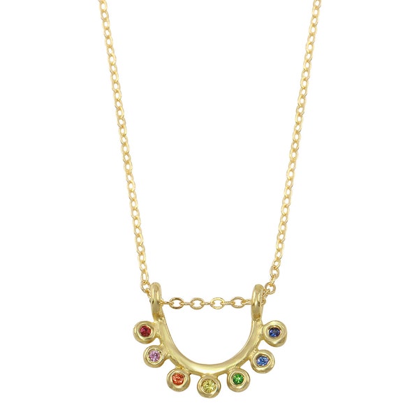 14K gold and rainbow sapphire dainty sunrise necklace