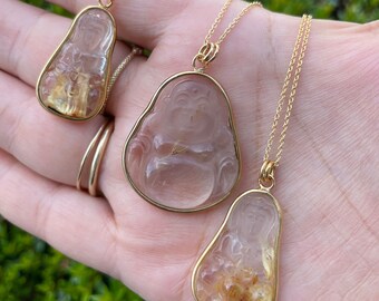 Happy Buddha and Kuan Yin rutilated quartz crystal necklace - gold filled - Aislinn collection