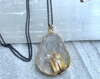 Happy Buddha rutilated quartz crystal necklace - gold filled - Aislinn collection