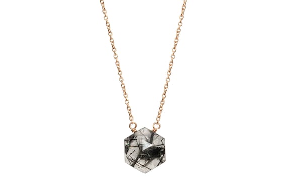 Tourmalinated Quartz Hexagon Necklace Choose Sterling Silver or