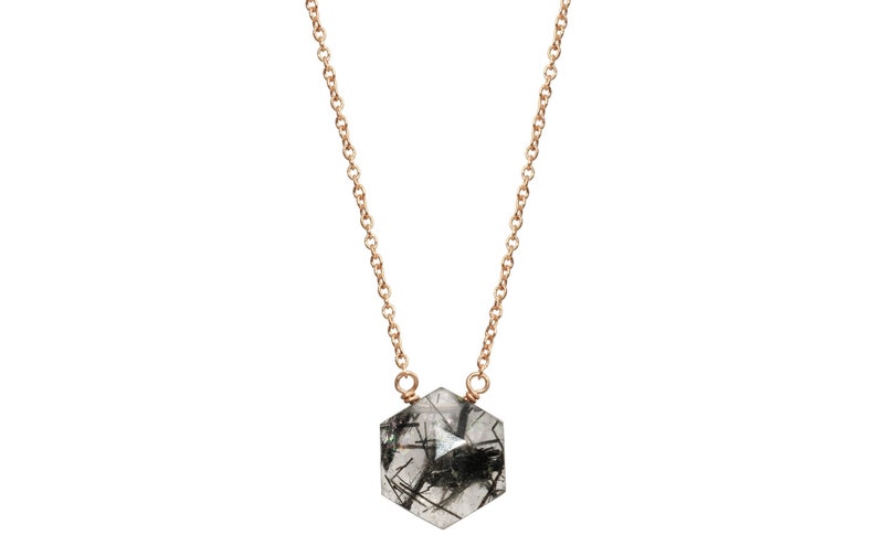 Tourmalinated quartz hexagon necklace choose sterling silver or 14k gold filled image 1