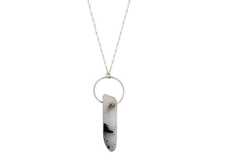 Tourmalinated Quartz crystal bar sterling silver necklace