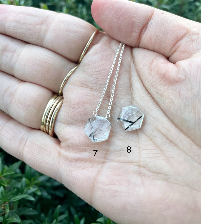 Tourmalinated quartz hexagon necklace choose sterling silver or 14k gold filled image 4