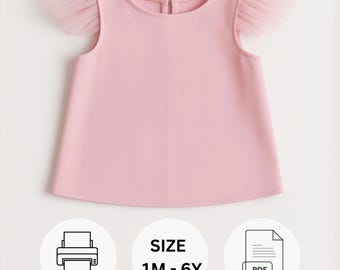 Modello di camicetta per bambini in PDF – Tutorial di cucito per top da bambina – Camicetta con maniche corte in tulle – Cucito per neonati in PDF – Download immediato