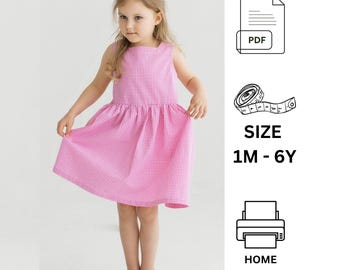Klänning pdf sömnadsmönster för liten flicka för baby för småbarn, Storlek 0-6 år, Sömnadsguide, Sömnadsguide