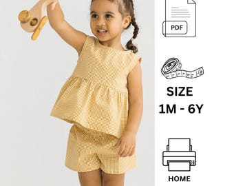 Cartamodello PDF per cucire, taglie dalla M alla 6Y, cartamodello per cucire set estivo per bambina, cartamodello per pantaloncini, cartamodello per principianti, cartamodello per cucire per bambini, top facile