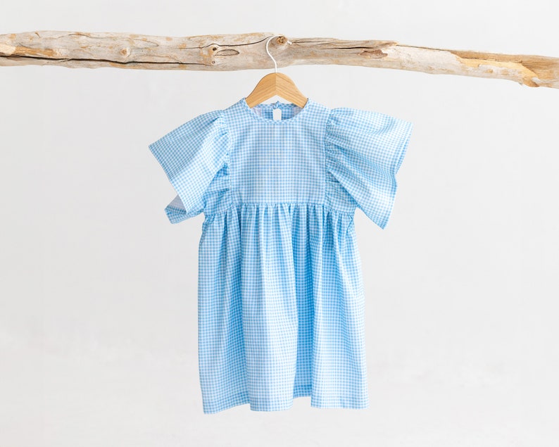 May include: A blue and white gingham dress with puffed sleeves hanging on a wooden hanger.