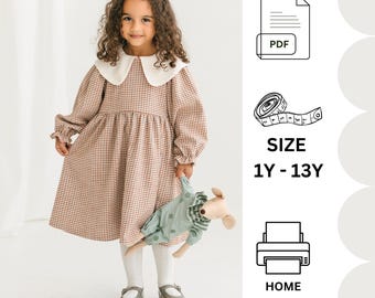 Modello di cucito in PDF per abiti per bambini, vestito a maniche lunghe con colletto, modello adatto ai principianti, download immediato