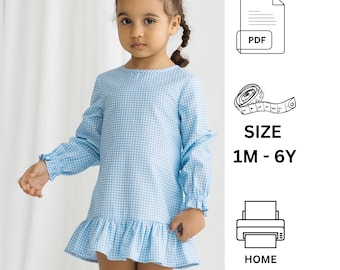 Abito a maniche lunghe con volant, modello di cucito digitale per bambine, modello di abito con volant, taglia da 1 M a 6Y, abito per bambine, modello di abito per neonati