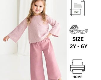 Modello di cucito per bambini: camicetta a maniche lunghe e pantaloni a culotte, modello di cucito per top e pantaloni per bambini, download immediato in PDF, tutorial di cucito