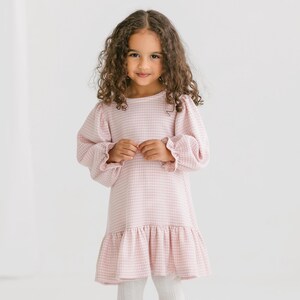 May include: A light pink and white gingham dress with long, puffy sleeves and a ruffled hem. The dress is worn by a young child with curly brown hair, and is paired with white leggings. The dress has a round neckline.