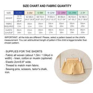 May include: Size chart and fabric quantity guide for making shorts. The chart shows measurements in inches and centimeters for different sizes from 0-3 months to 2-3 years. The chart includes fabric requirements, elastic length, and height measurements. The image also shows a pair of yellow gingham shorts.