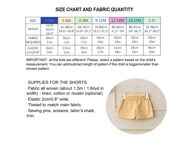May include: Size chart and fabric quantity guide for making shorts. The chart shows measurements in inches and centimeters for different sizes from 0-3 months to 2-3 years. The chart includes fabric requirements, elastic length, and height measurements. The image also shows a pair of yellow gingham shorts.