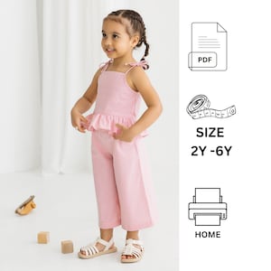 Wzór do szycia w formacie PDF dla dzieci w wieku od 2 do 6 lat, Wzór do szycia bluzki z falbanką dla dzieci, Wzór na kuloty dla dzieci, Bluzka bez rękawów z falbanką