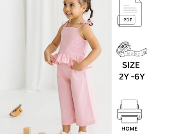 Cartamodello PDF per bambini dai 2 ai 6 anni, Cartamodello per top con volant per bambini, Cartamodello per pantaloni culottes per bambini, Top senza maniche con volant