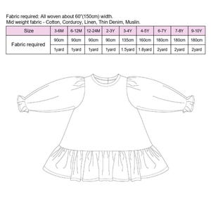 May include: A line drawing of a long-sleeved dress pattern with a ruffled hem and sleeves. The image includes a size chart with fabric requirements for various sizes, from 3-6 months to 9-10 years.