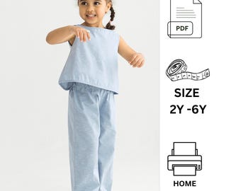 Patrones de costura para pantalones anchos y blusas sin mangas para niños de 2 a 6 años, patrones de costura en PDF, patrón de costura de pantalones anchos para niños
