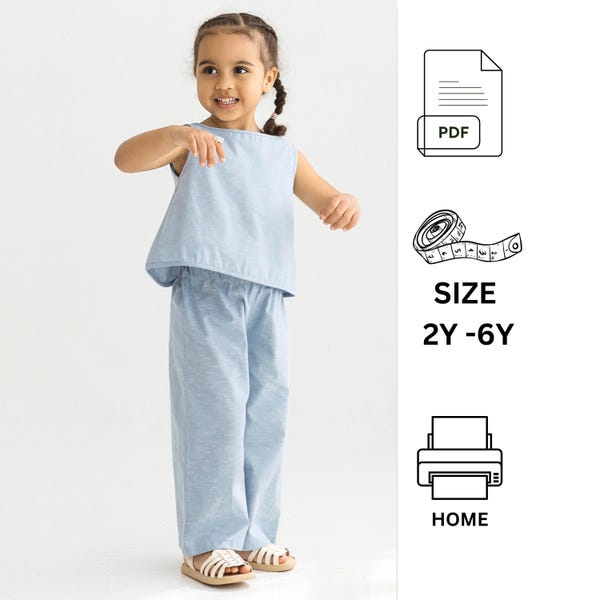 Wide leg pants and sleeveless top sewing patterns for kids  2 to 6 years, PDF sewing patterns, Wide leg pants sewing pattern for children