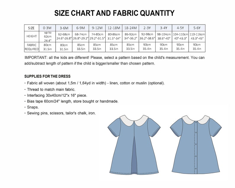 May include: A size chart and fabric quantity guide for a dress pattern. The chart lists sizes from 0-3 months to 5-6 years, with corresponding height and fabric requirements in inches and centimeters. The chart is accompanied by a diagram of the dress pattern, showing a light blue dress with a white collar and short sleeves.