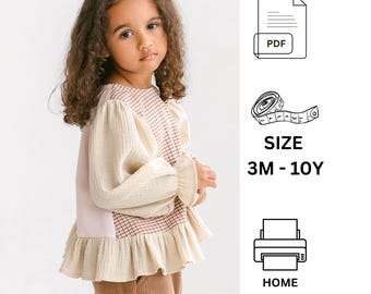 Modello di cucito per camicetta con volant per bambine in formato PDF / Modello fai da te per top per bambini e bambine / Tutorial di cucito per maniche a sbuffo facili / Download digitale istantaneo