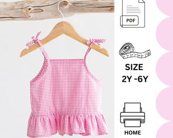 Modello di cucito PDF per top corto con volant per bambina taglia 2-6 anni, Top con spalline, Modello di cucito per principianti