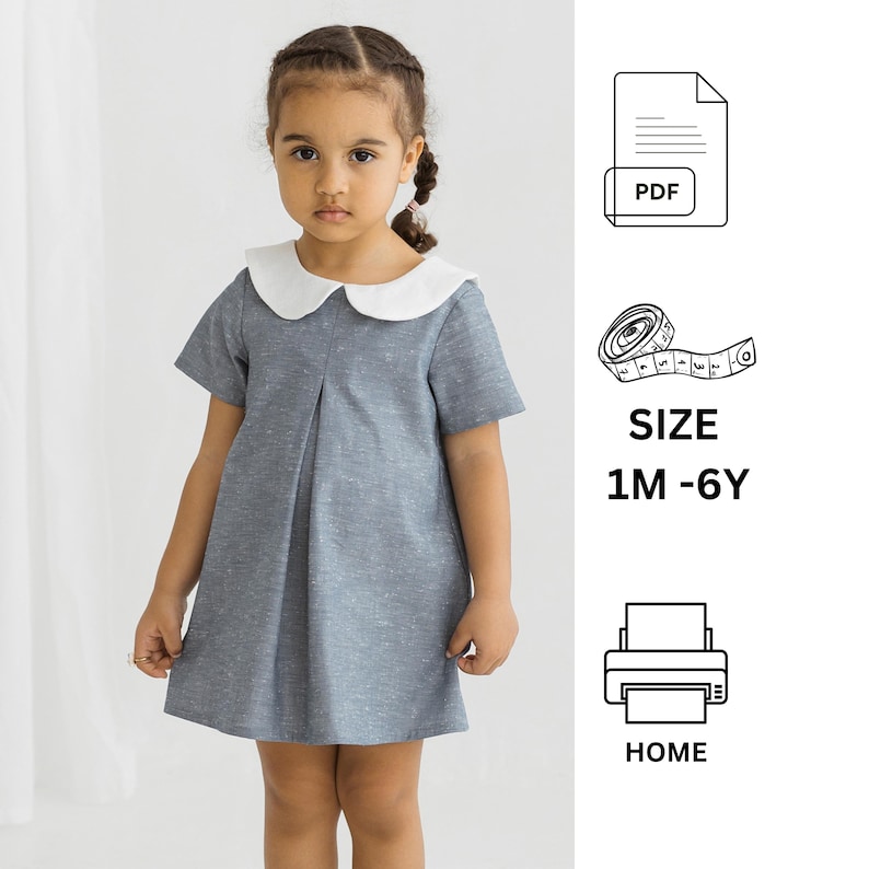 Dress with collar sewing pattern, Toddler dress pattern, Sewing patterns for kids, Baby dress pattern, Kids sewing patterns for 0-6 years image 1