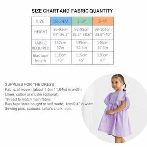 May include: Size chart and fabric quantity for a dress in sizes 18-24 months, 2-3 years, and 3-4 years. The chart lists height in inches and centimeters, fabric required in inches and centimeters, and bias tape length in inches and centimeters. A photo of a young girl wearing a purple and white gingham dress is shown.