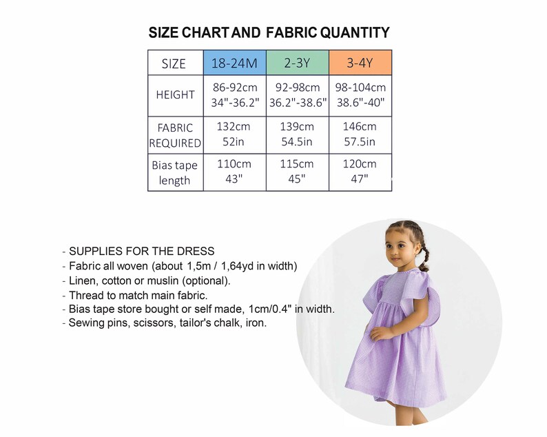 May include: Size chart and fabric quantity for a dress in sizes 18-24 months, 2-3 years, and 3-4 years. The chart lists height in inches and centimeters, fabric required in inches and centimeters, and bias tape length in inches and centimeters. A photo of a young girl wearing a purple and white gingham dress is shown.
