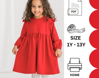 Cartamodello per abito da bambina, cartamodello per abito a maniche lunghe con balza sulle spalle, cartamodello per abito arricciato da bambina, A4 A0 US, 1-13 anni