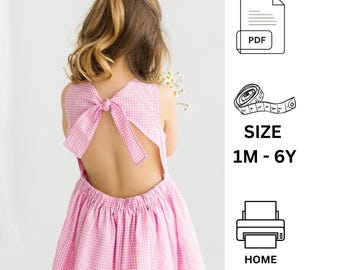 Modelli di cucito per bambini, modello di cucito per abito estivo senza maniche per bambine, modello di cucito per abito con schiena scoperta e nastro / Taglia 0-6 anni