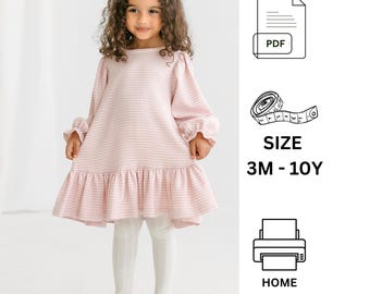 Modello di cucito PDF per abito a maniche lunghe con volant, modello di cucito digitale per bambine, modello di abito con volant, abito per bambine, modello di abito per neonati