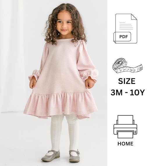 PDF Sewing Pattern Long Sleeve dress with ruffles, Digital sewing pattern for girls, Ruffle Dress Pattern, Toddler dress, Baby dress pattern