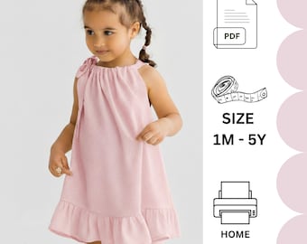 Girl dress PDF sewing pattern, 1m-5years dress with ruffles and ribbon sewing pattern, Sewing pattern for kids clothes