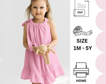 Cartamodello PDF per abito da bambina, cartamodello per abito da bambina con nastro da 1 mese a 5 anni, cartamodello per abiti da bambina