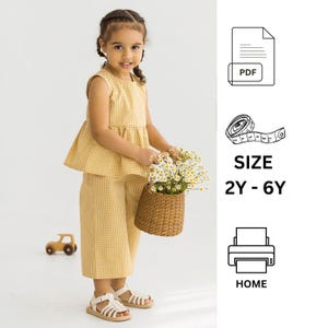 Ruffle Blouse and Pants PDF sewing patterns, size  2-6Y, Top and culottes pants set patterns for kids, sleeveless top, Lounge Set