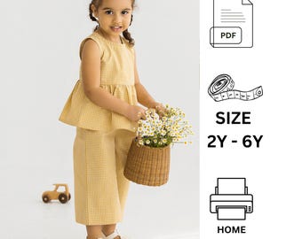Modelli di cucito PDF per camicetta e pantaloni con volant, taglie 2-6 anni, modelli di set di top e pantaloni culotte per bambini, top senza maniche, set da salotto