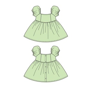 Puede incluir: Un vestido verde claro con mangas abullonadas y cierre de botones en la espalda. El vestido tiene una falda fruncida y un escote cuadrado.