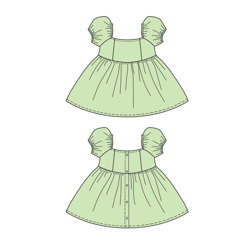 Puede incluir: Un vestido verde claro con mangas abullonadas y cierre de botones en la espalda. El vestido tiene una falda fruncida y un escote cuadrado.