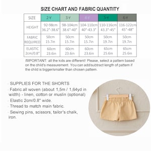 May include: Size chart and fabric quantity for shorts in sizes 2-6 years. The chart includes height, fabric required, and elastic measurements in inches and centimeters. The image also shows a pair of yellow shorts.
