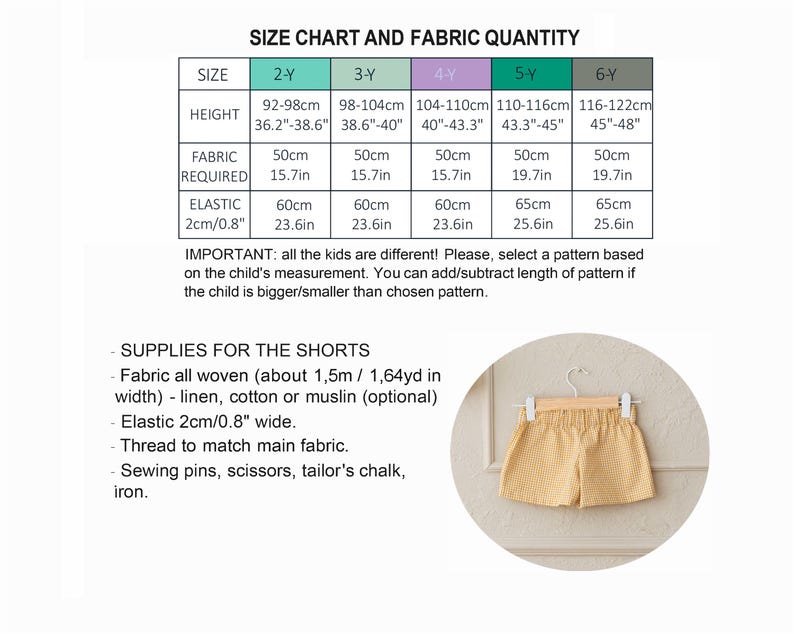 May include: Size chart and fabric quantity for shorts in sizes 2-6 years. The chart includes height, fabric required, and elastic measurements in inches and centimeters. The image also shows a pair of yellow shorts.