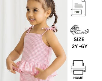 Modello di cucito per top per bambini in formato PDF, taglia da 2 a 6 anni, modello di cucito per top estivo senza maniche con volant per bambini piccoli, top con spalline